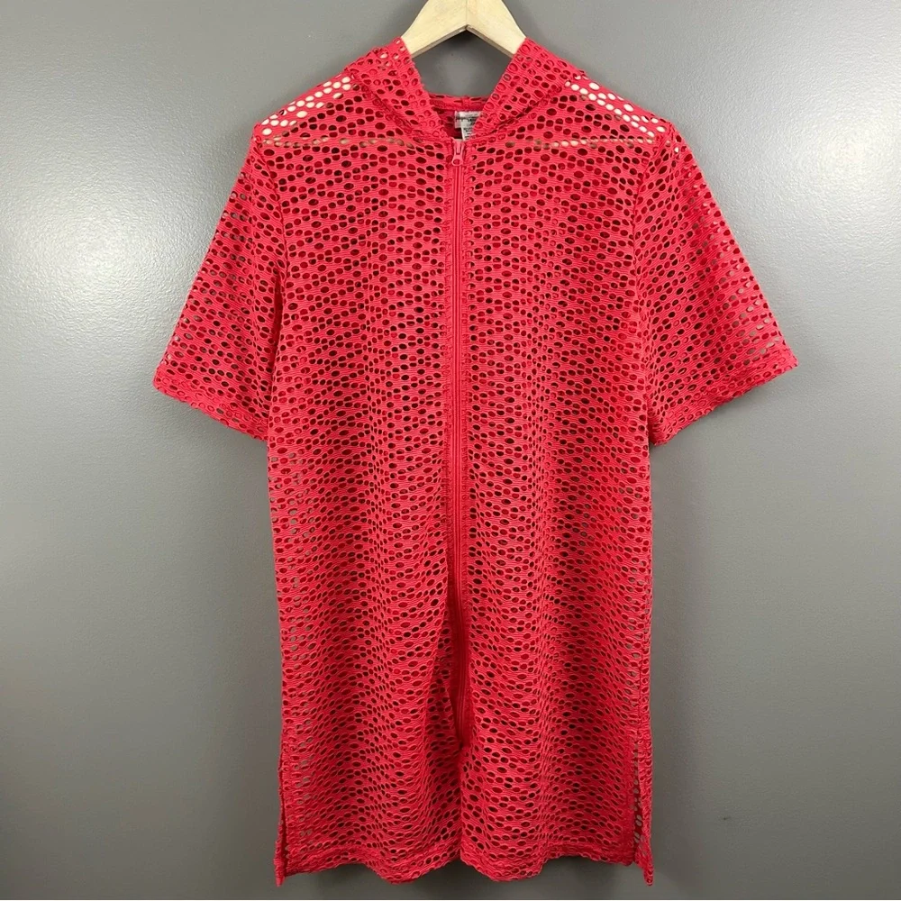 Cover Me Swim Hooded Mesh Zip Up Pink Swim Cover Size Medium - Picture 2 of 9